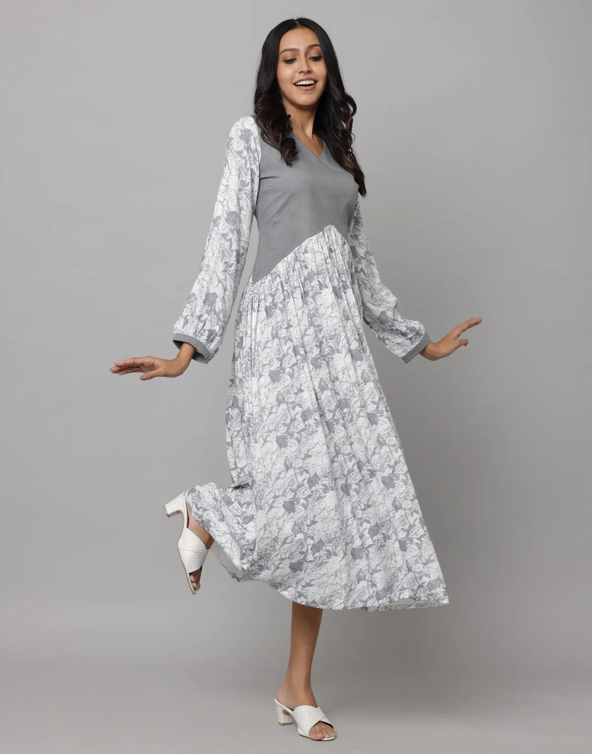 Floral & Solid MIxmatch Full Sleeve V Neck Dress