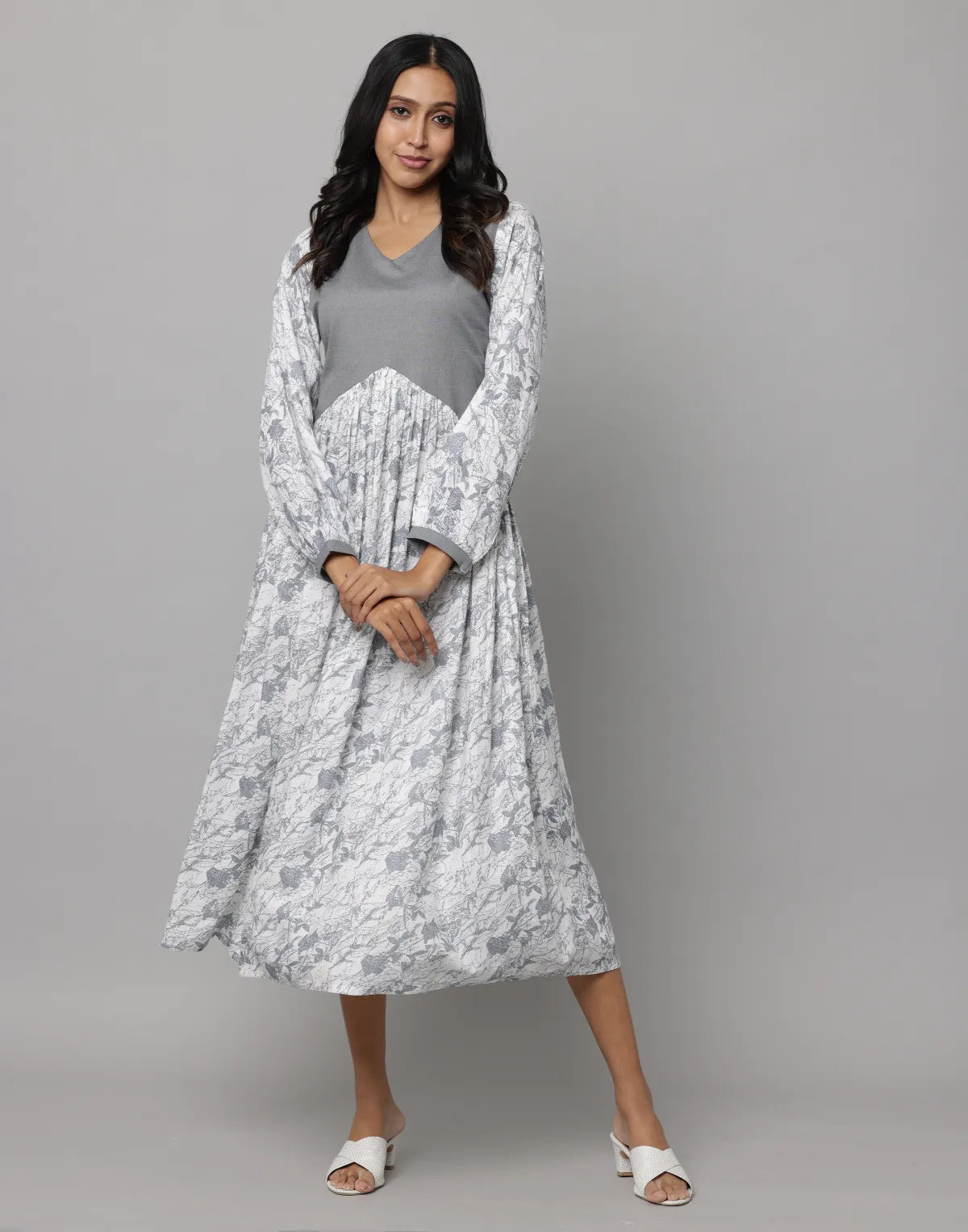 Floral & Solid MIxmatch Full Sleeve V Neck Dress