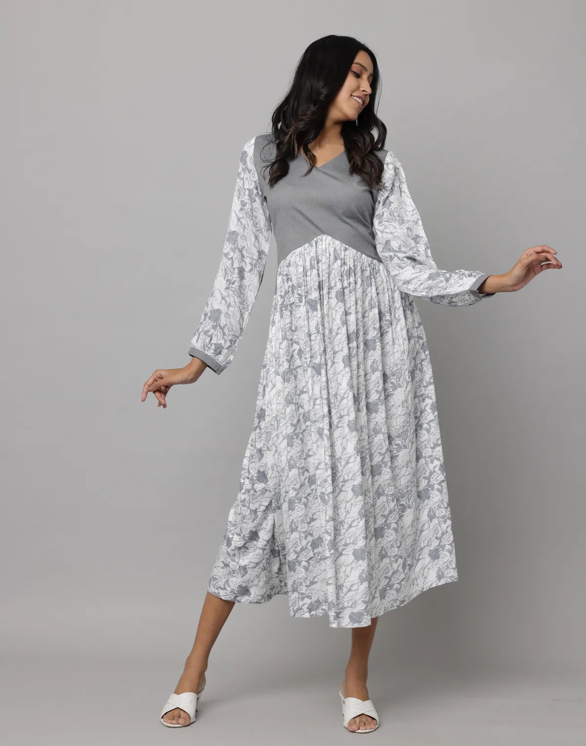 Floral & Solid MIxmatch Full Sleeve V Neck Dress