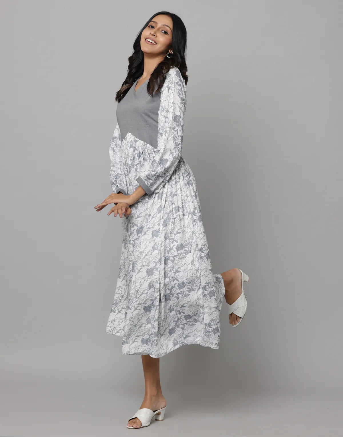 Floral & Solid MIxmatch Full Sleeve V Neck Dress