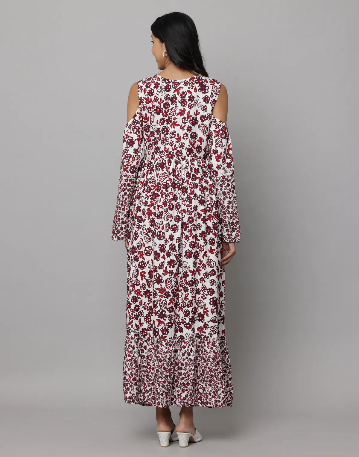 Floral Print Shoulder Sleeve Full Length Dress