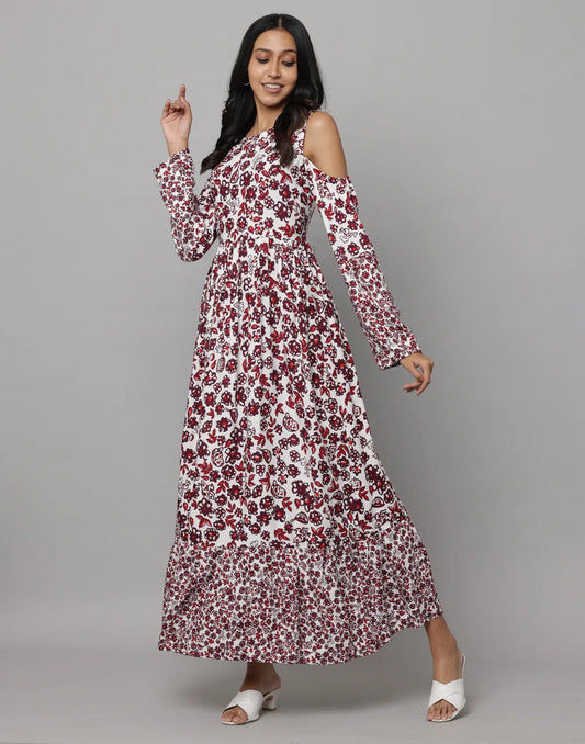 Floral Print Shoulder Sleeve Full Length Dress