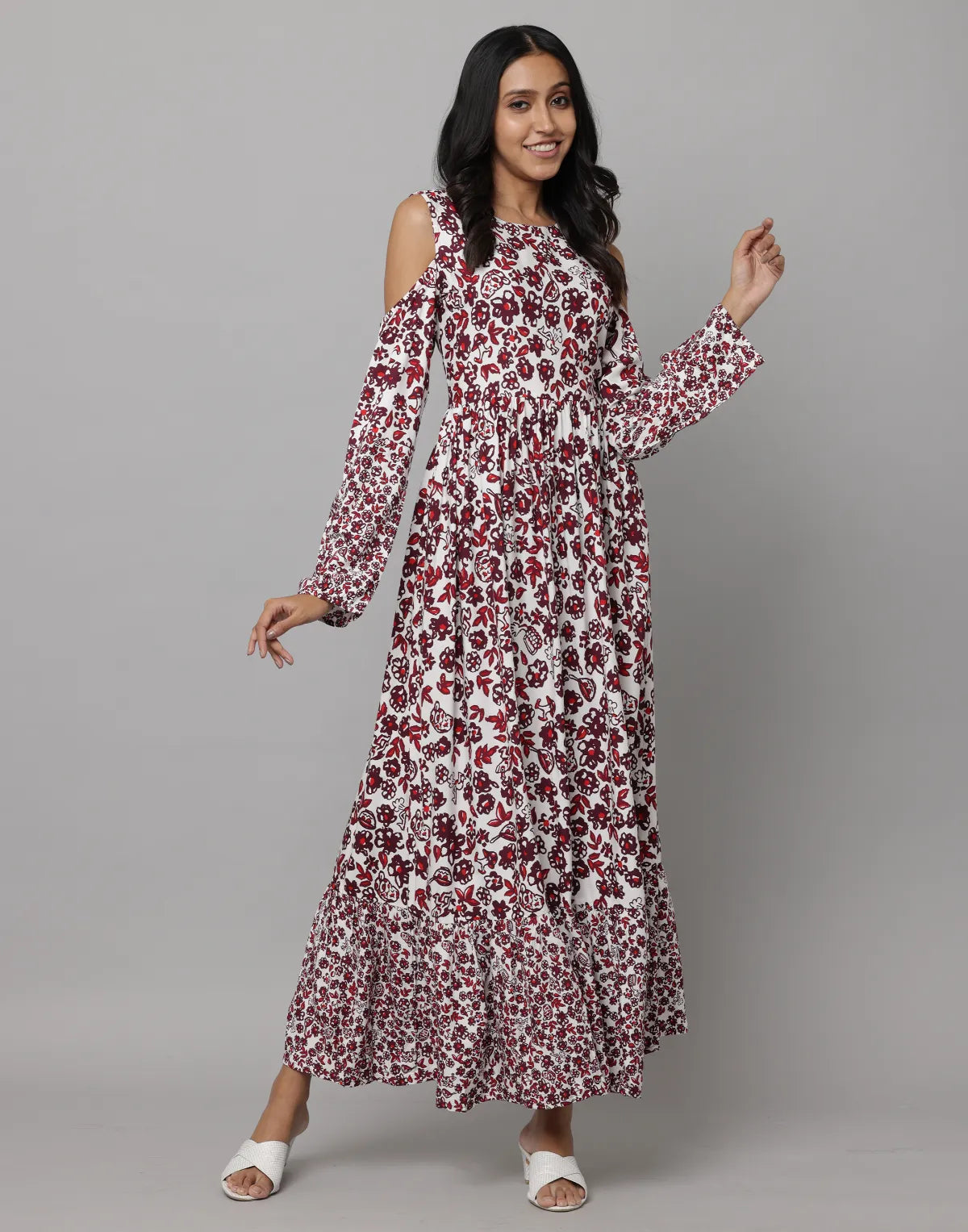 Floral Print Shoulder Sleeve Full Length Dress