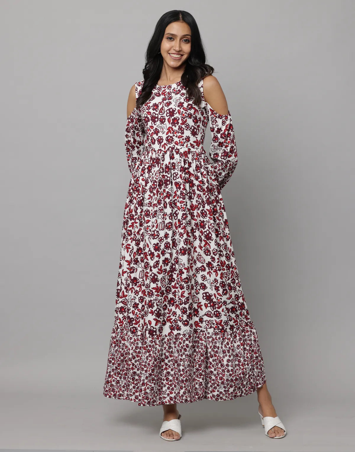 Floral Print Shoulder Sleeve Full Length Dress