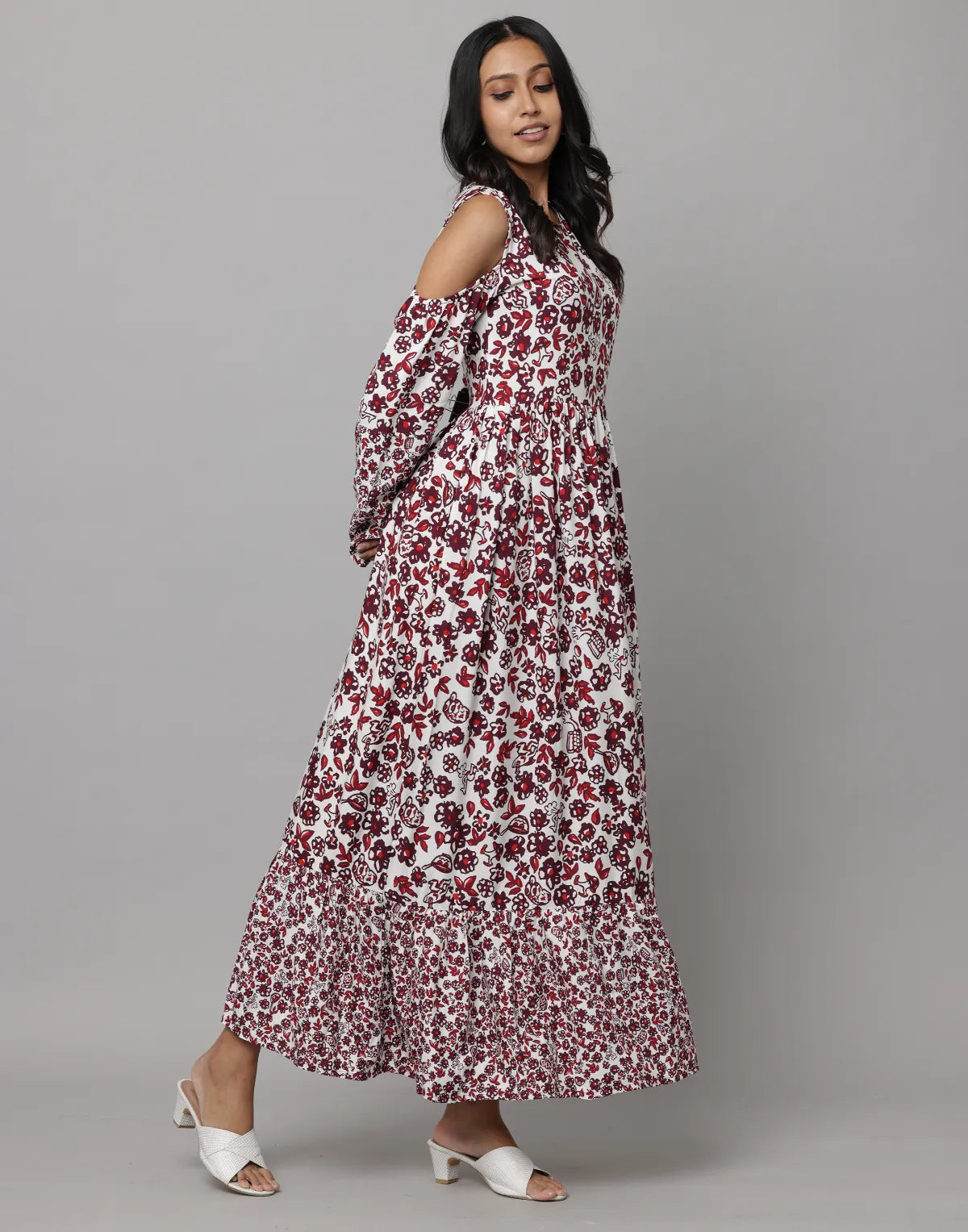 Floral Print Shoulder Sleeve Full Length Dress