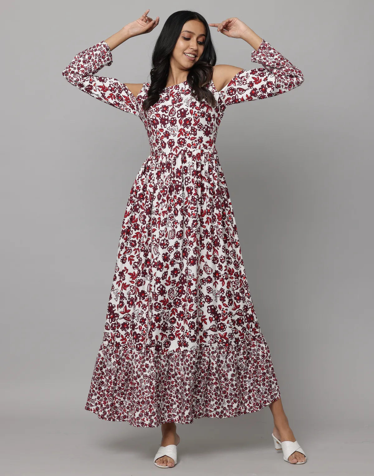 Floral Print Shoulder Sleeve Full Length Dress