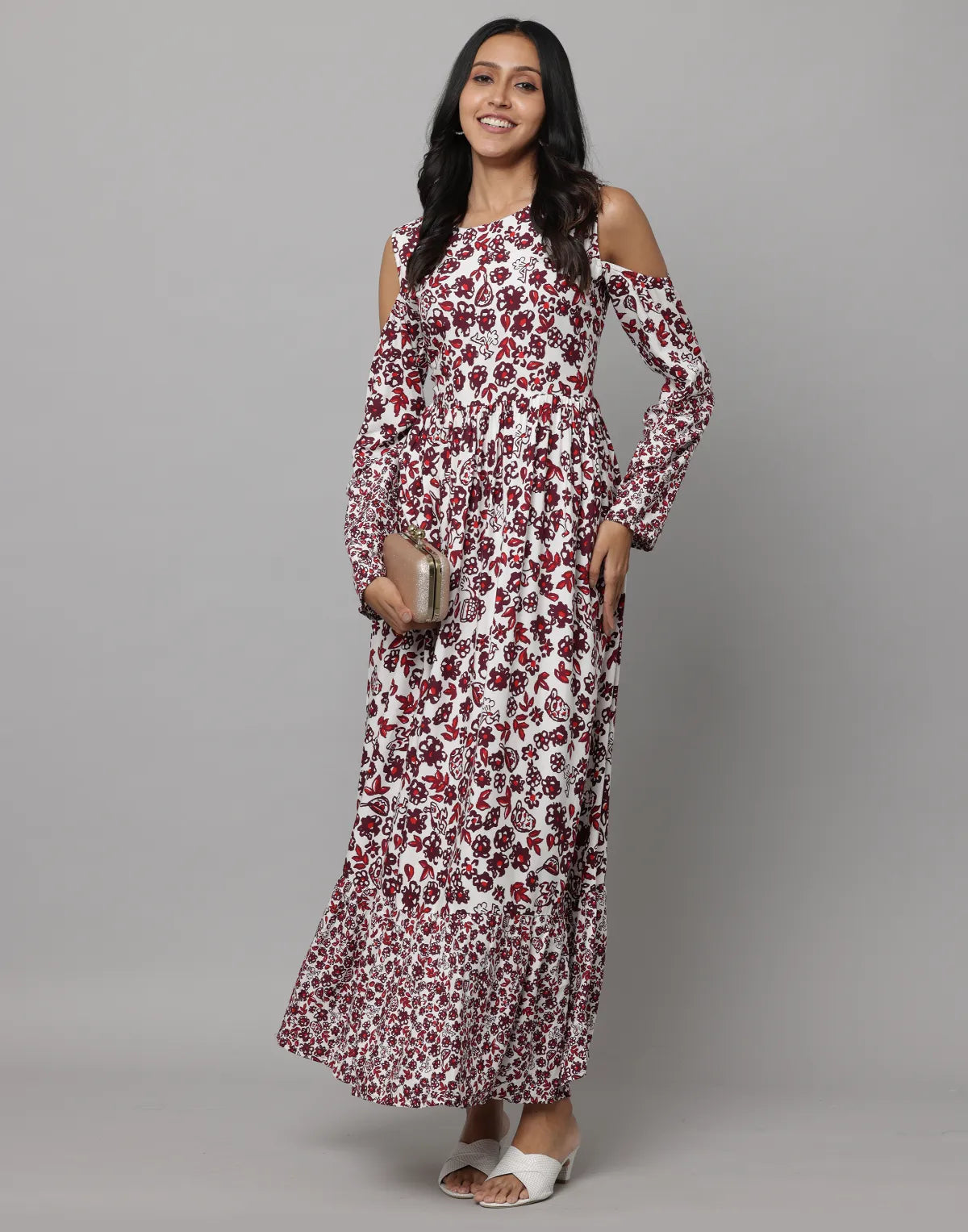 Floral Print Shoulder Sleeve Full Length Dress