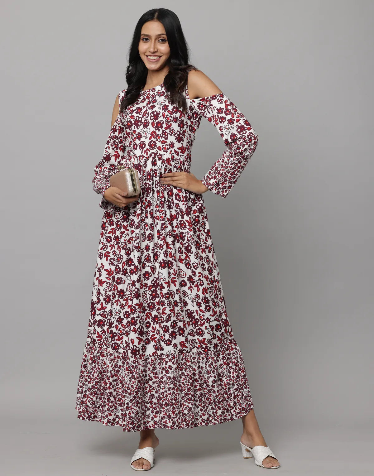 Floral Print Shoulder Sleeve Full Length Dress