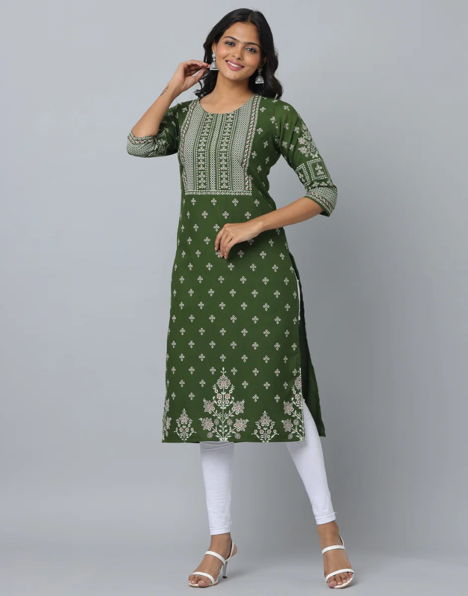 Floral Print Slim Fit 3/4th Sleeve Kurta