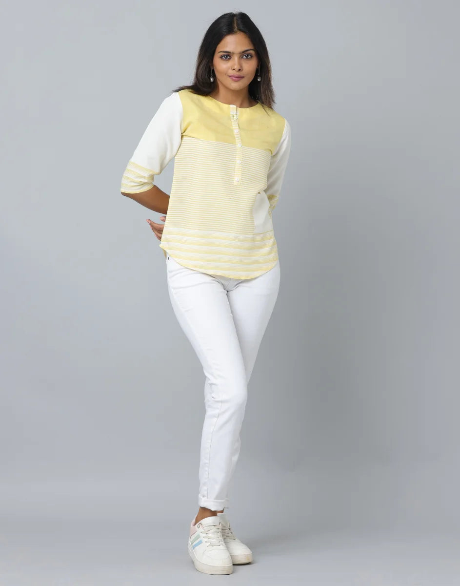 Anavarana Round Neck Elbow Length Sleeve Top with Front Pocket