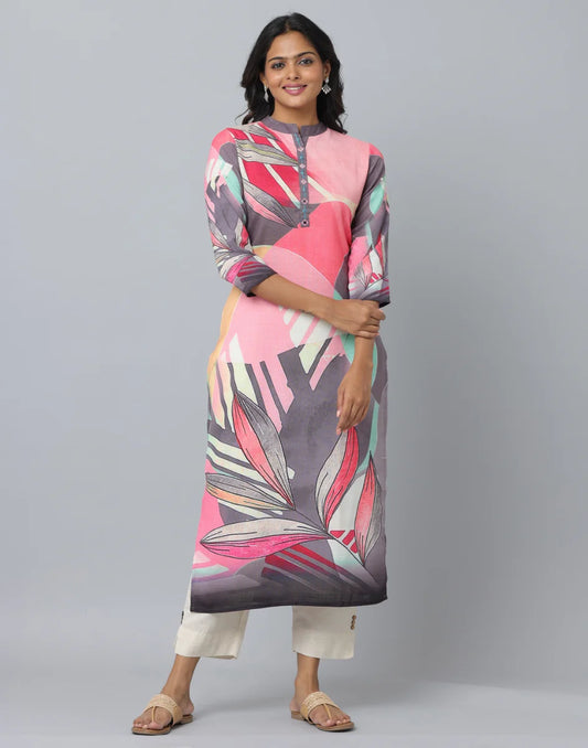 Printed Kurta With Mandarin Collar WIth 3/4 Length Sleeve