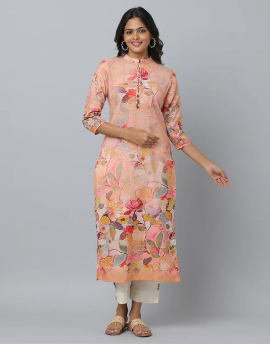 Printed Kurta With Mandarin Collar WIth 3/4 Length Sleeve