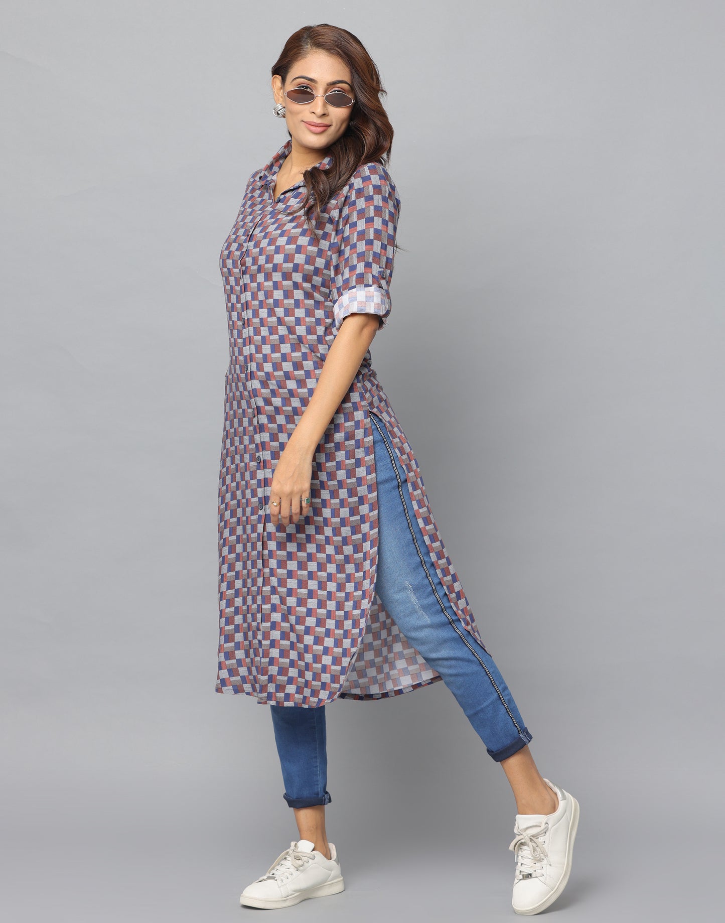 Checks Print Slim Fit 3/4th Sleeve Kurta