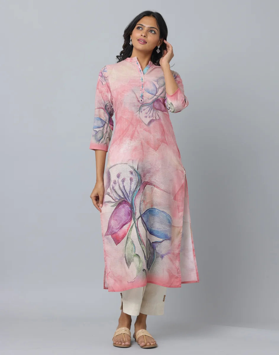 Anavarana Printed Kurta With Mandarin Collar WIth 3/4 Length Sleeve