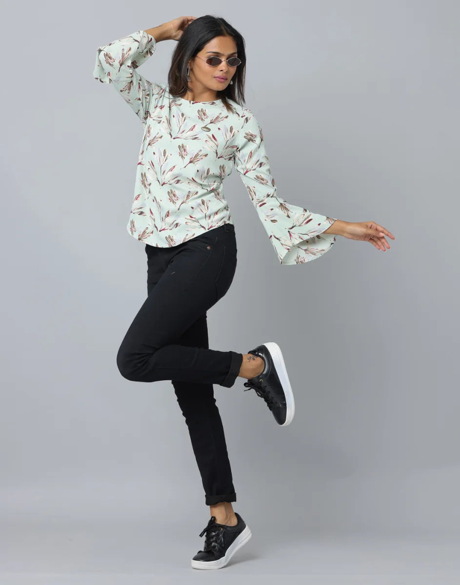 Anavarana Round Neck Floral Print Top WIth Flared with full Sleeves