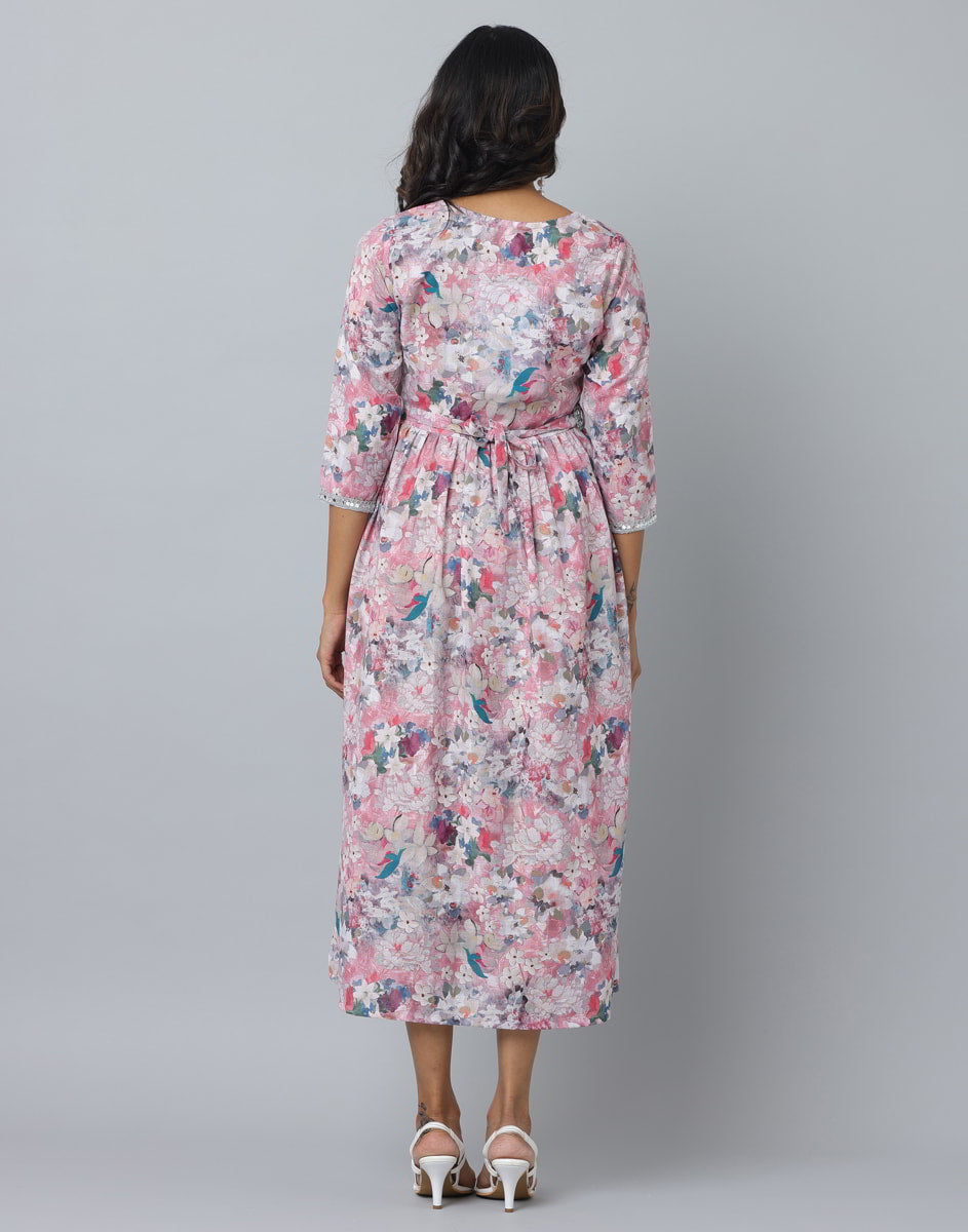 Floral Print 3/4 Sleeve Ethnic Dress