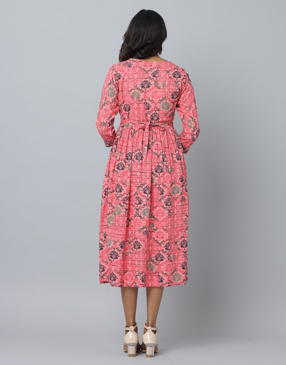 Floral Print 3/4 Sleeve Ethnic Dress