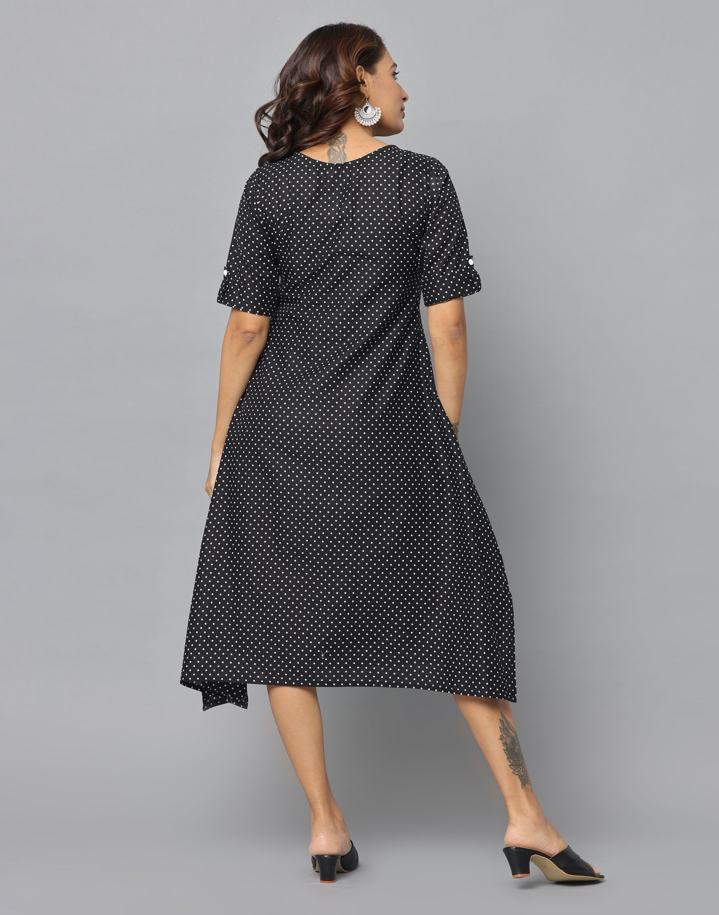 Polka Dot Casual Fit Side Slit Half Sleeve A Line Dress