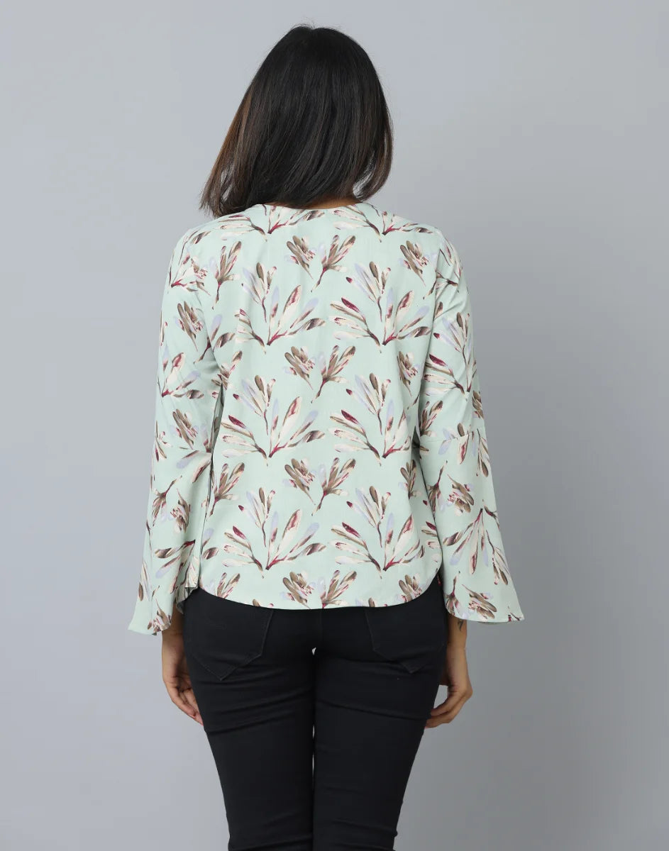 Anavarana Round Neck Floral Print Top WIth Flared with full Sleeves