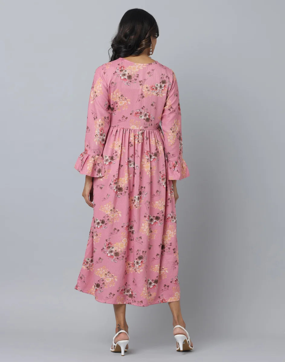 Floral Print Slim Fit Long Flared Sleeve Casual Dress