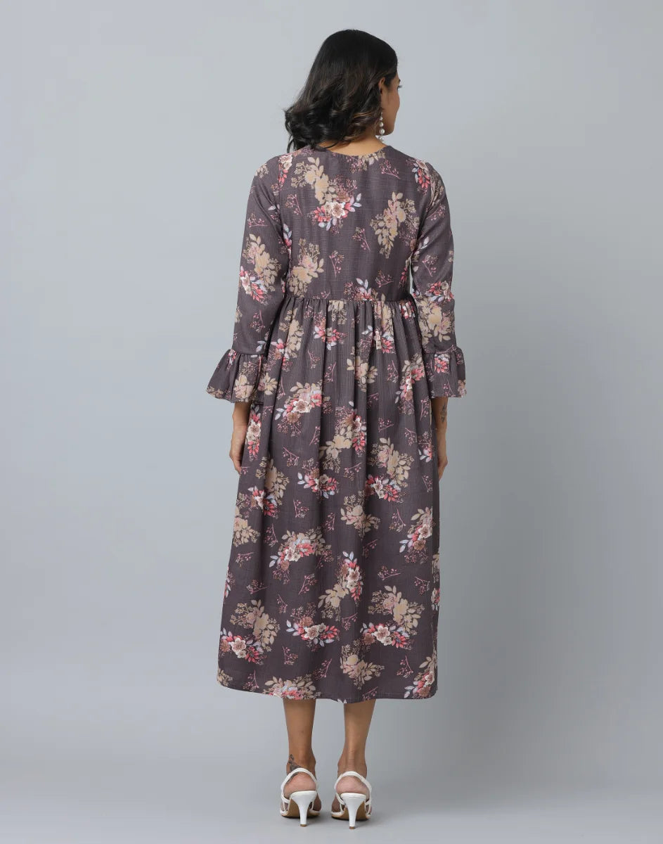 Floral Print Slim Fit Long Flared Sleeve Casual Dress