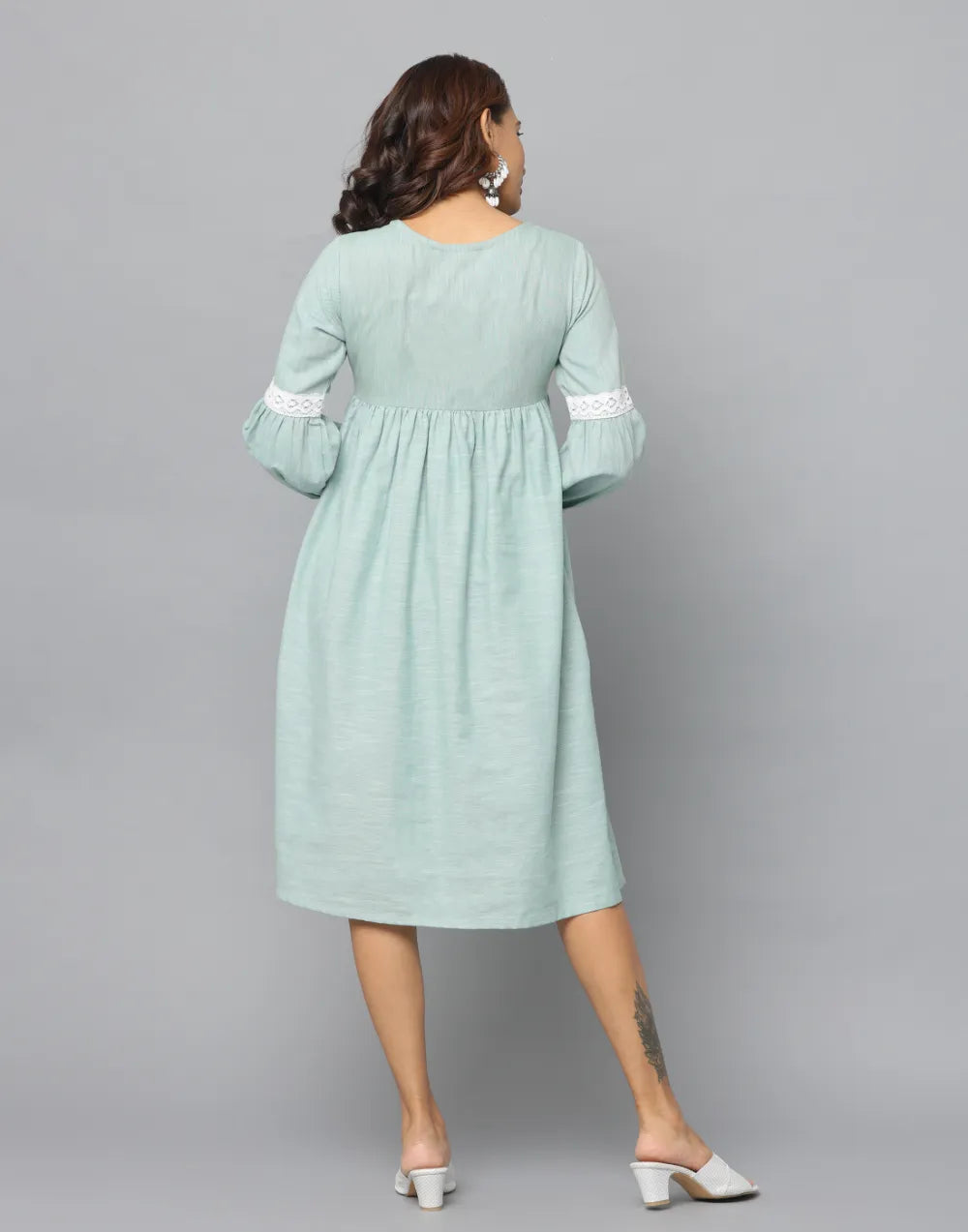 Solid Slim Fit Frilled Sleeve Dress