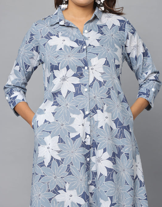 Floral Print Slim Fit 3/4th Sleeve Dress With Side Pockets