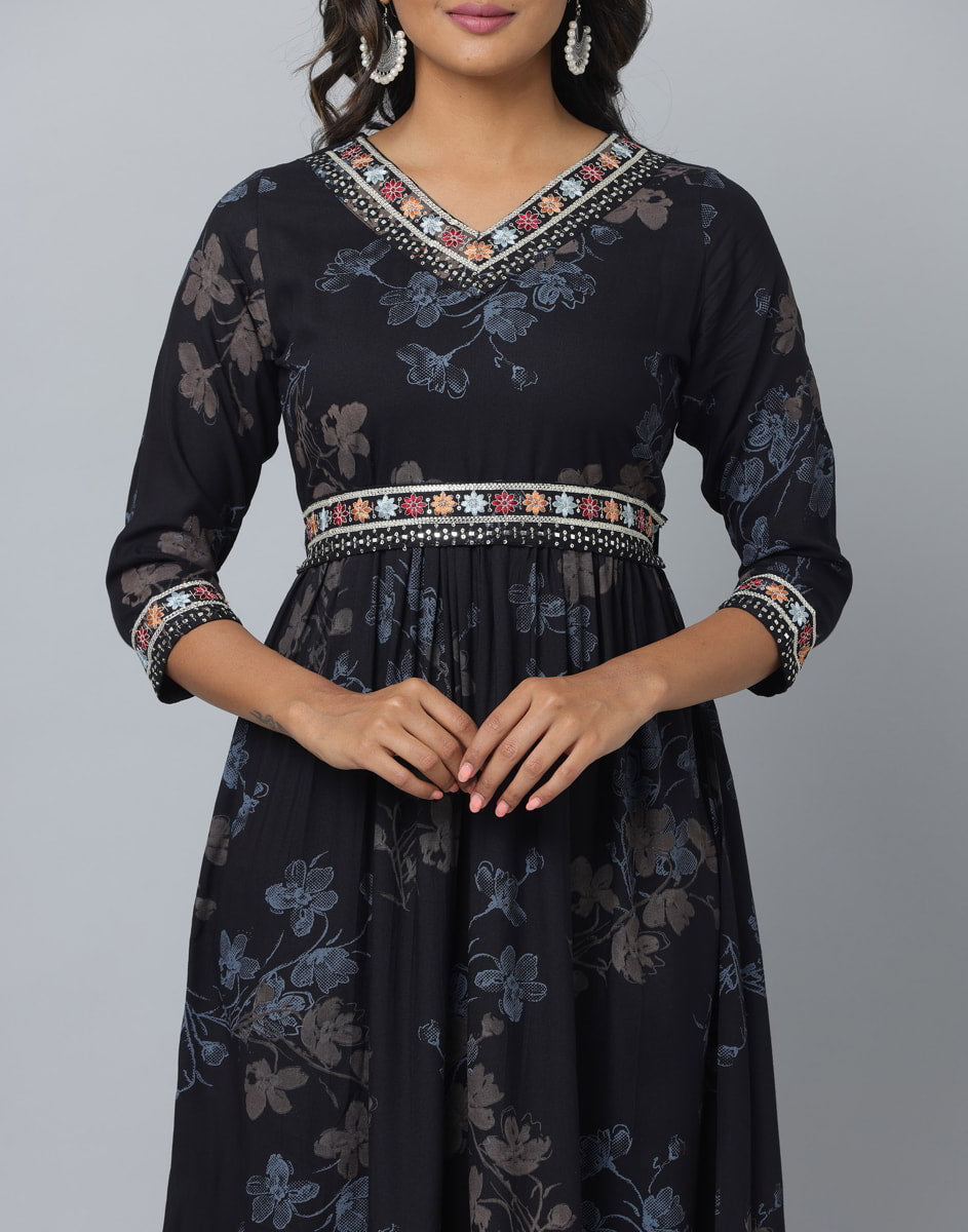 Floral Print 3/4 Sleeve Ethnic Dress