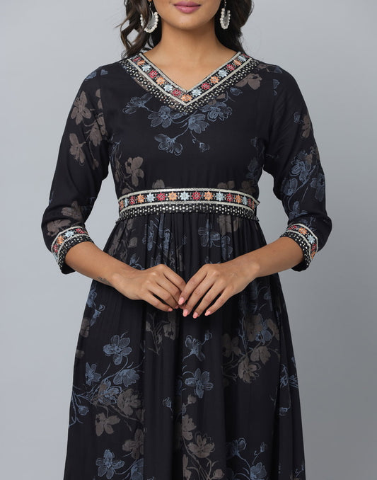 Floral Print 3/4 Sleeve Ethnic Dress