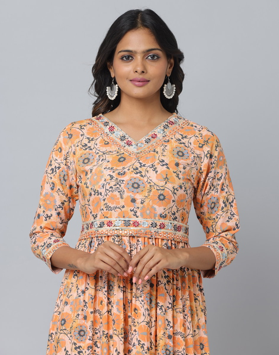 Floral Print 3/4 Sleeve Ethnic Dress