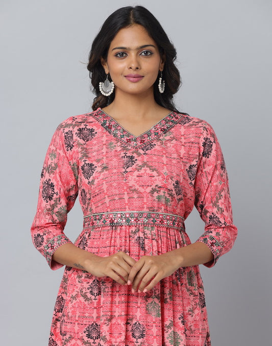 Floral Print 3/4 Sleeve Ethnic Dress