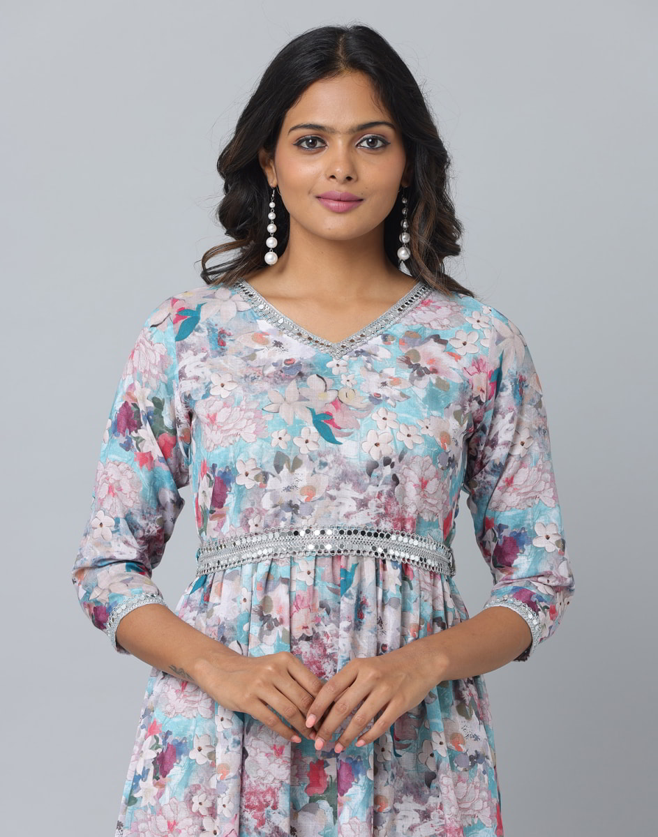 Floral Print 3/4 Sleeve Ethnic Dress