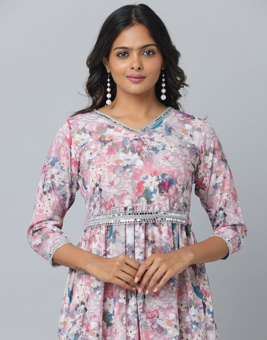 Floral Print 3/4 Sleeve Ethnic Dress