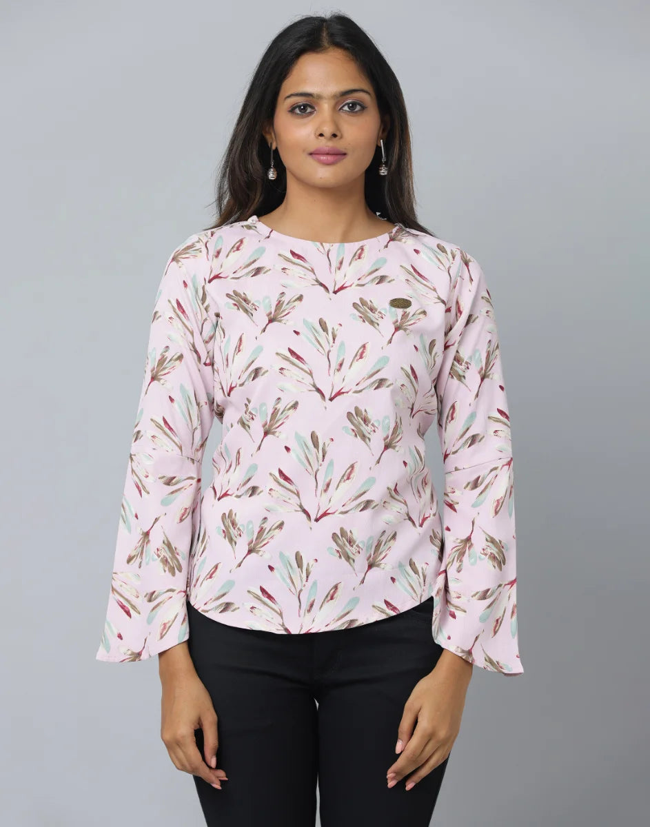 Anavarana Round Neck Floral Print Top WIth Flared with full Sleeves