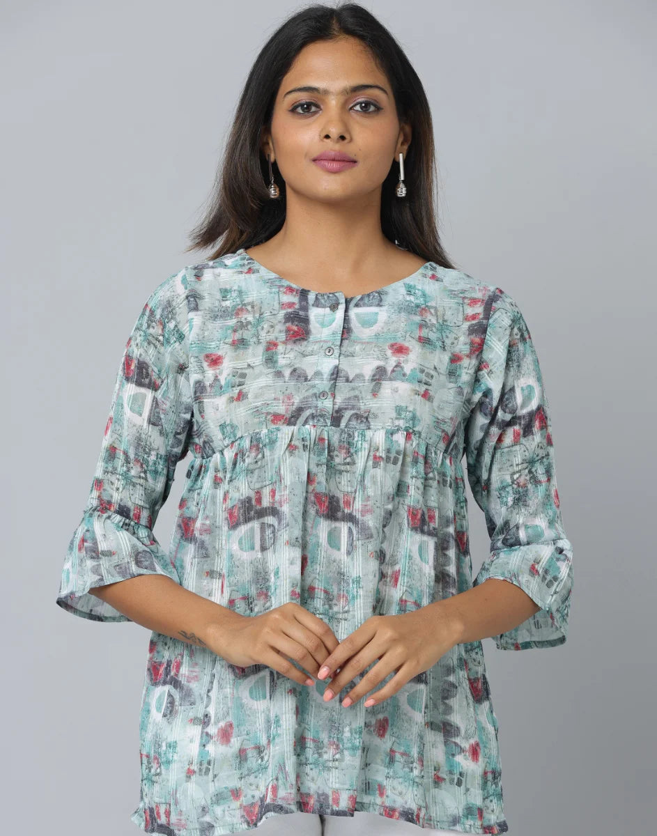 Anavarana Printed Frock Style Short Top WIth 3/4 Frilled End Sleeve