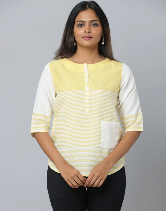 Anavarana Round Neck Elbow Length Sleeve Top with Front Pocket