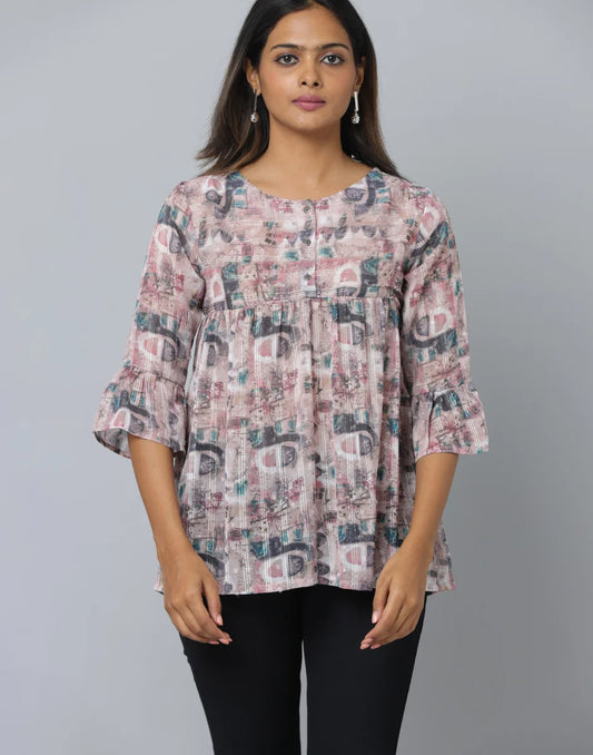 Anavarana Printed Frock Style Short Top WIth 3/4 Frilled End Sleeve