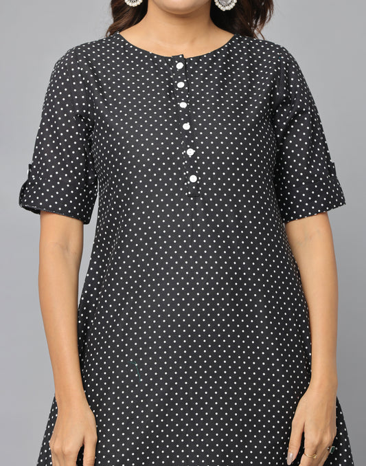 Anavarana Polka Dot Casual Fit Side Slit Half Sleeve A Line Dress