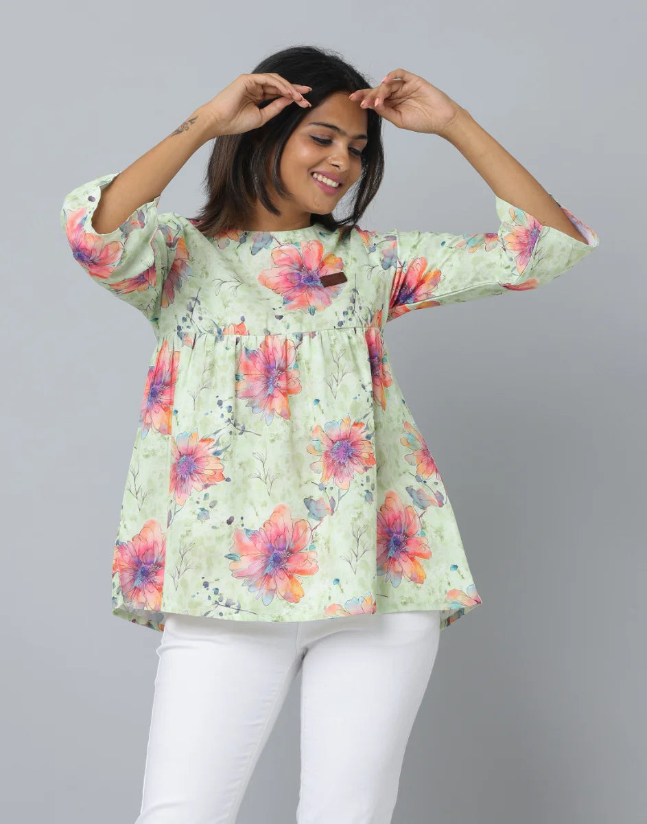 Anavarana 3/4 Sleeve Frock Style Floral Short Top