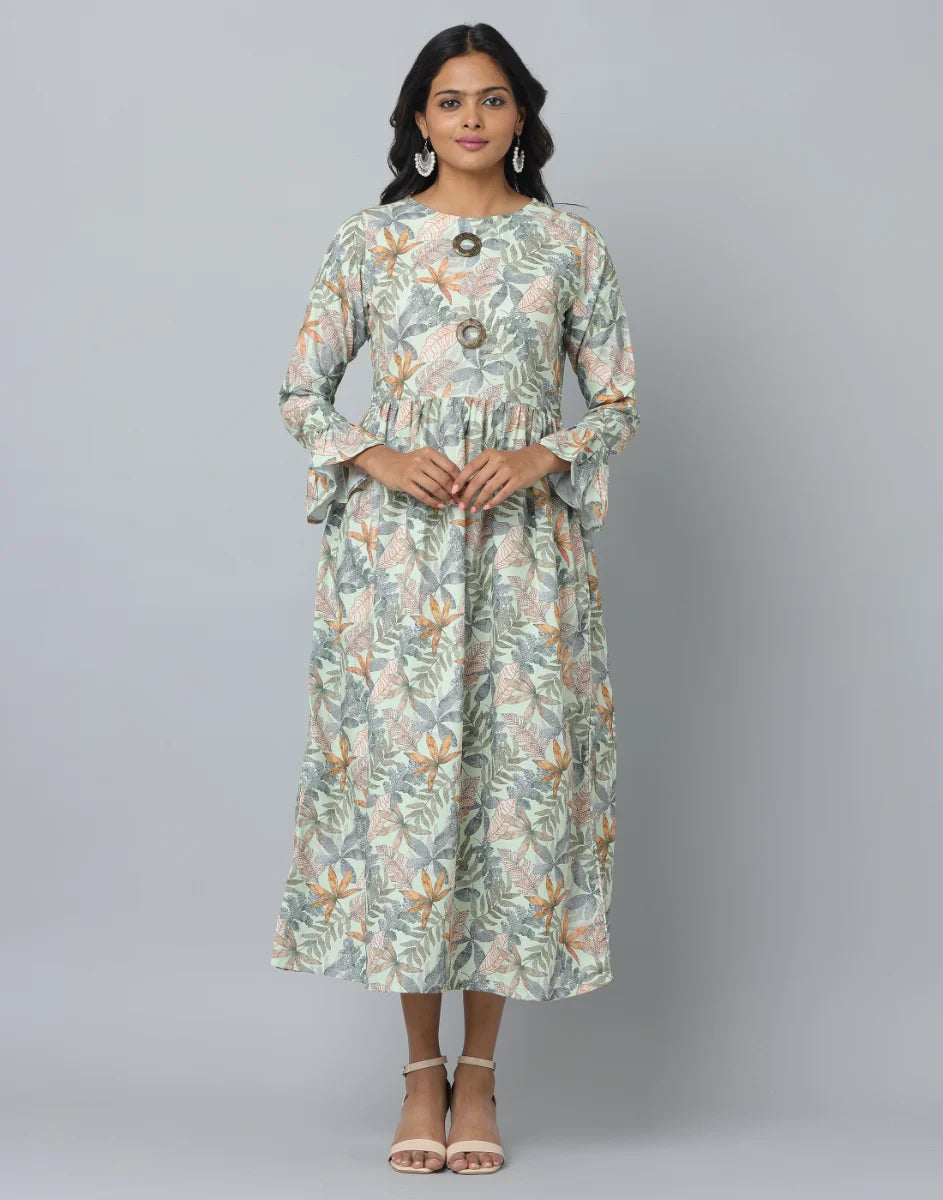 Floral Print Slim Fit Long Flared Sleeve Casual Dress