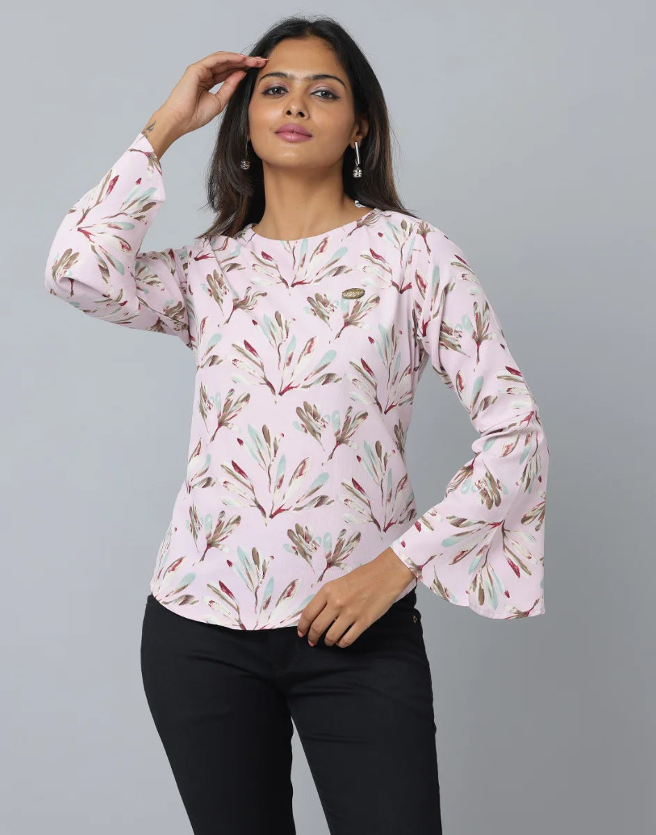 Anavarana Round Neck Floral Print Top WIth Flared with full Sleeves