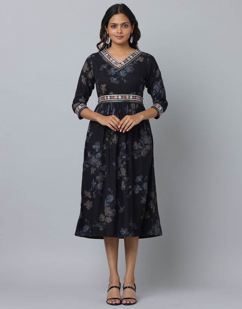 Floral Print 3/4 Sleeve Ethnic Dress