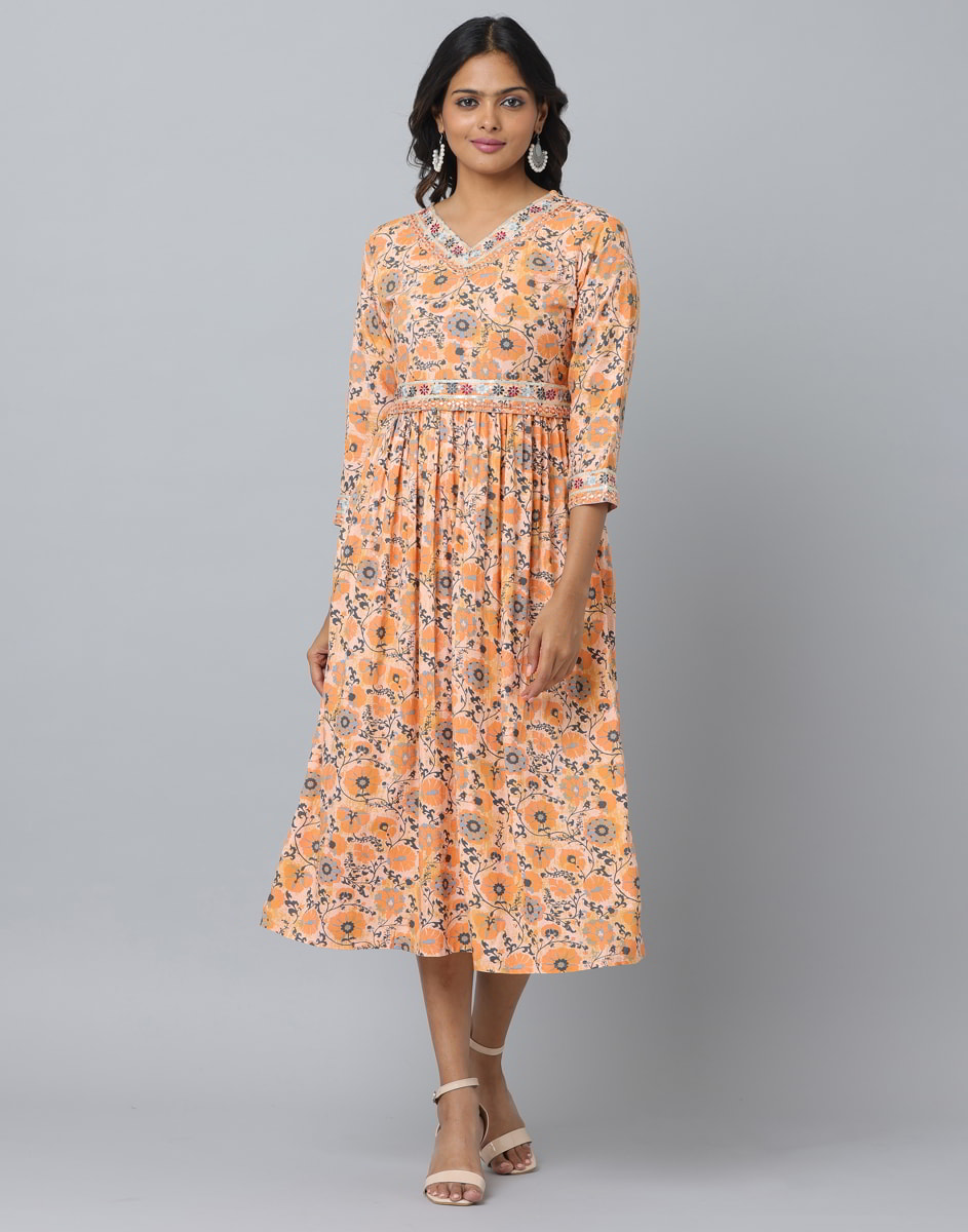 Floral Print 3/4 Sleeve Ethnic Dress