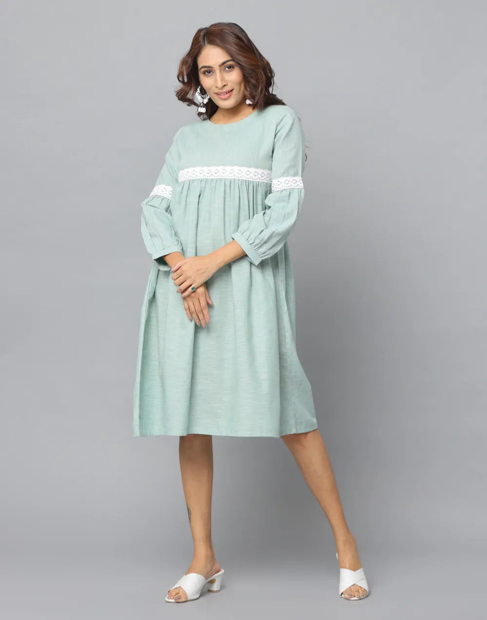 Solid Slim Fit Frilled Sleeve Dress