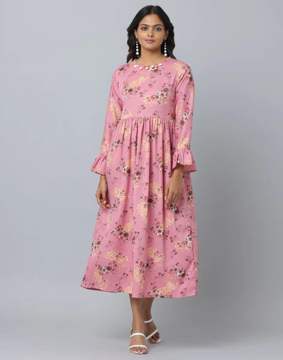 Floral Print Slim Fit Long Flared Sleeve Casual Dress