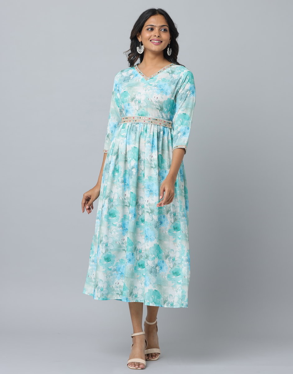 Floral Print 3/4 Sleeve Ethnic Dress