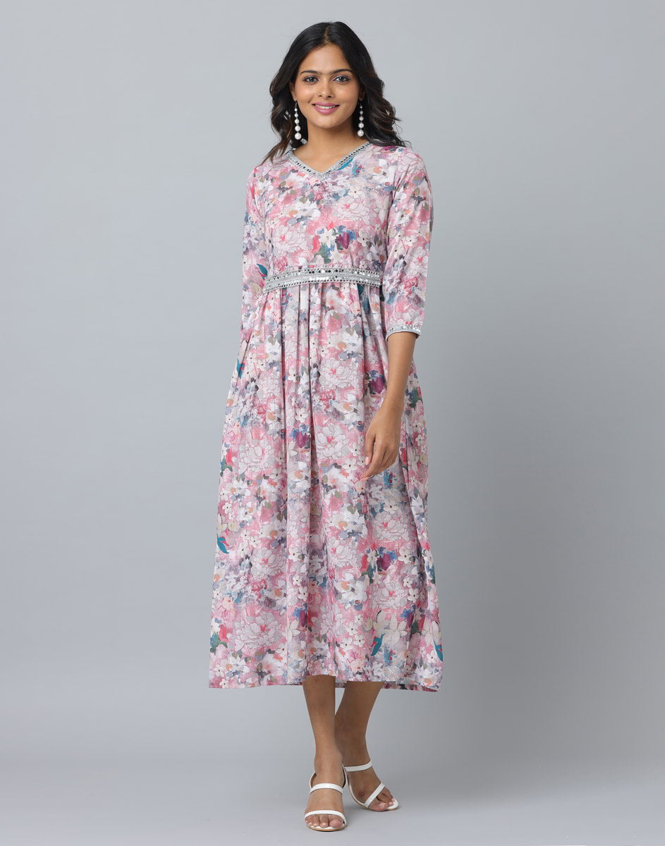 Floral Print 3/4 Sleeve Ethnic Dress