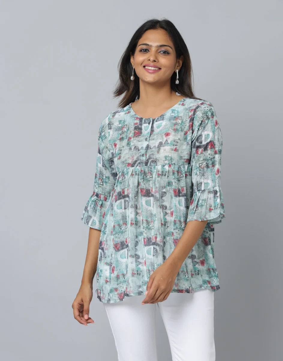 Anavarana Printed Frock Style Short Top WIth 3/4 Frilled End Sleeve