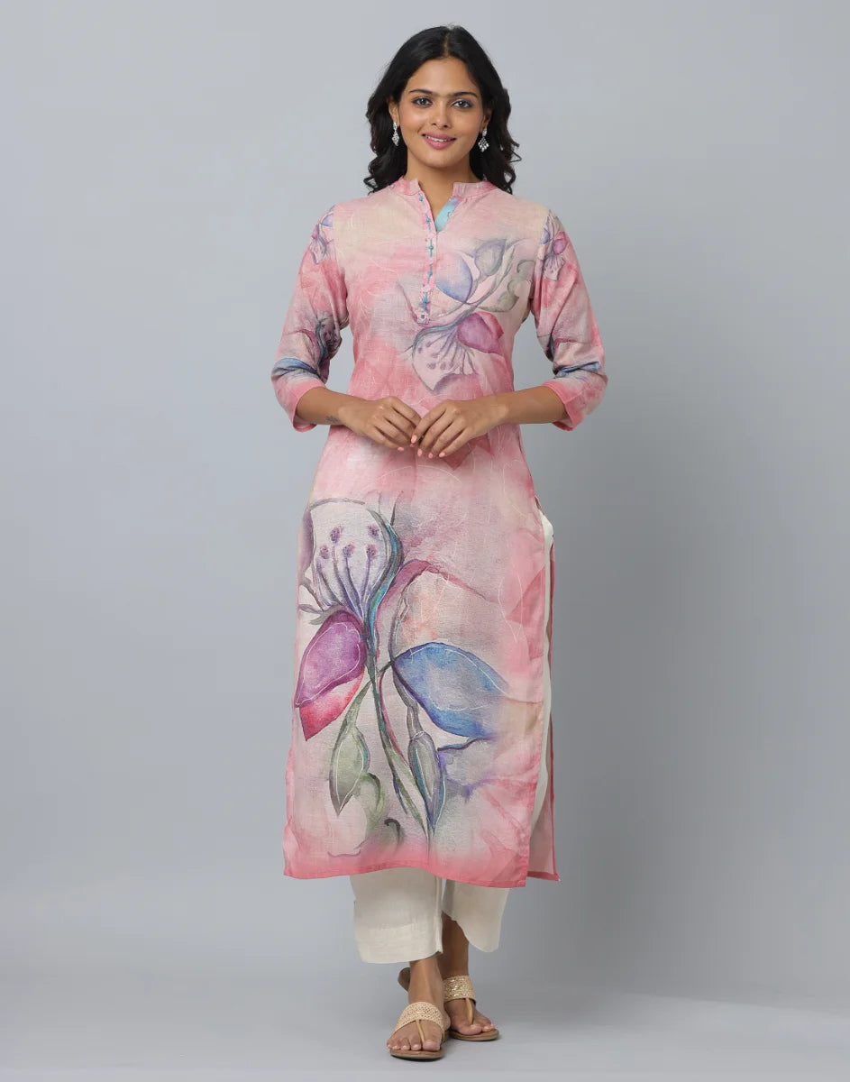 Anavarana Printed Kurta With Mandarin Collar WIth 3/4 Length Sleeve