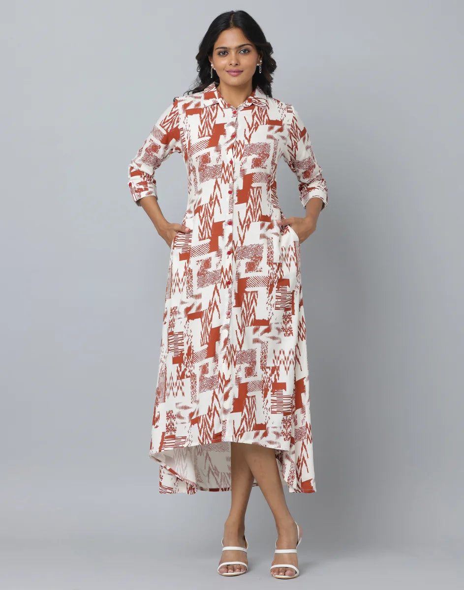 Abstract Print Loose Fit 3/4th Sleeve Dress  With Side Pockets